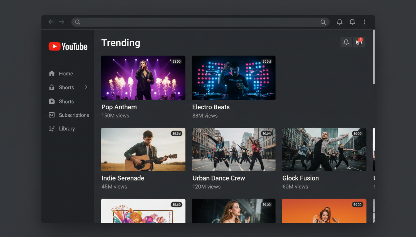YouTube interface showing trending music videos and view counts