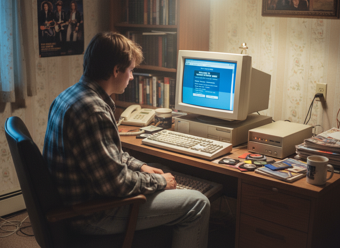 Person using early 1990s desktop computer with dial-up modem connecting to internet