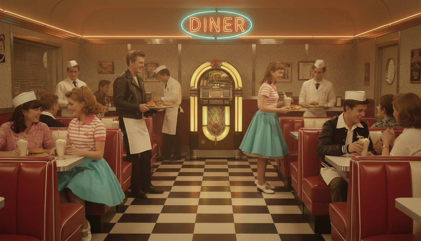 1950s diner scene with retro television aesthetic and Happy Days nostalgia