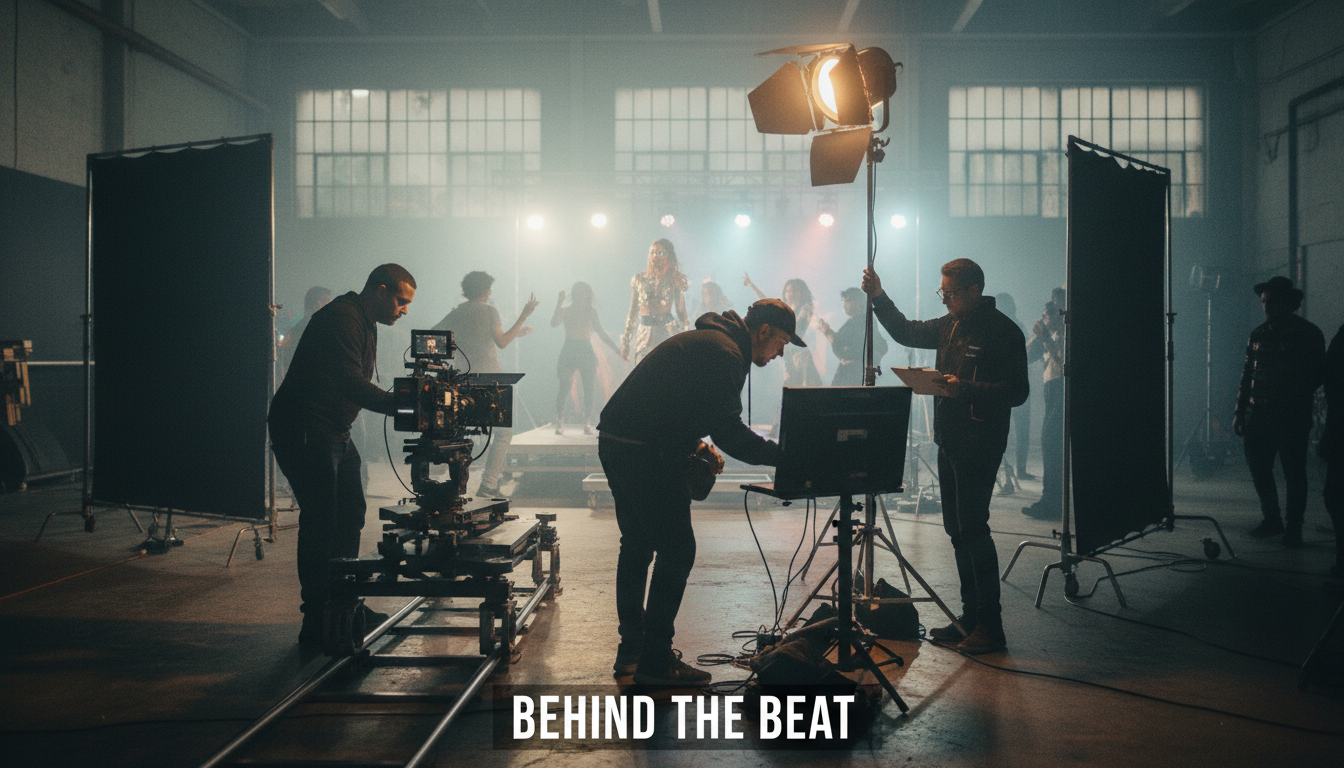 Music video production crew working on set with equipment