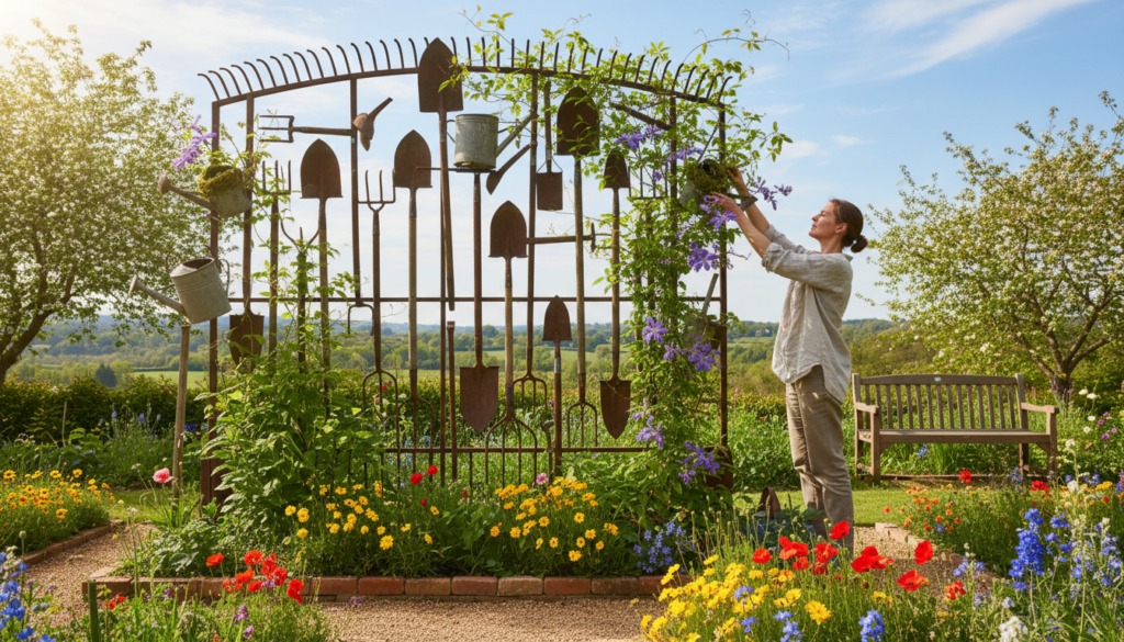 building functional trellises from old garden tools