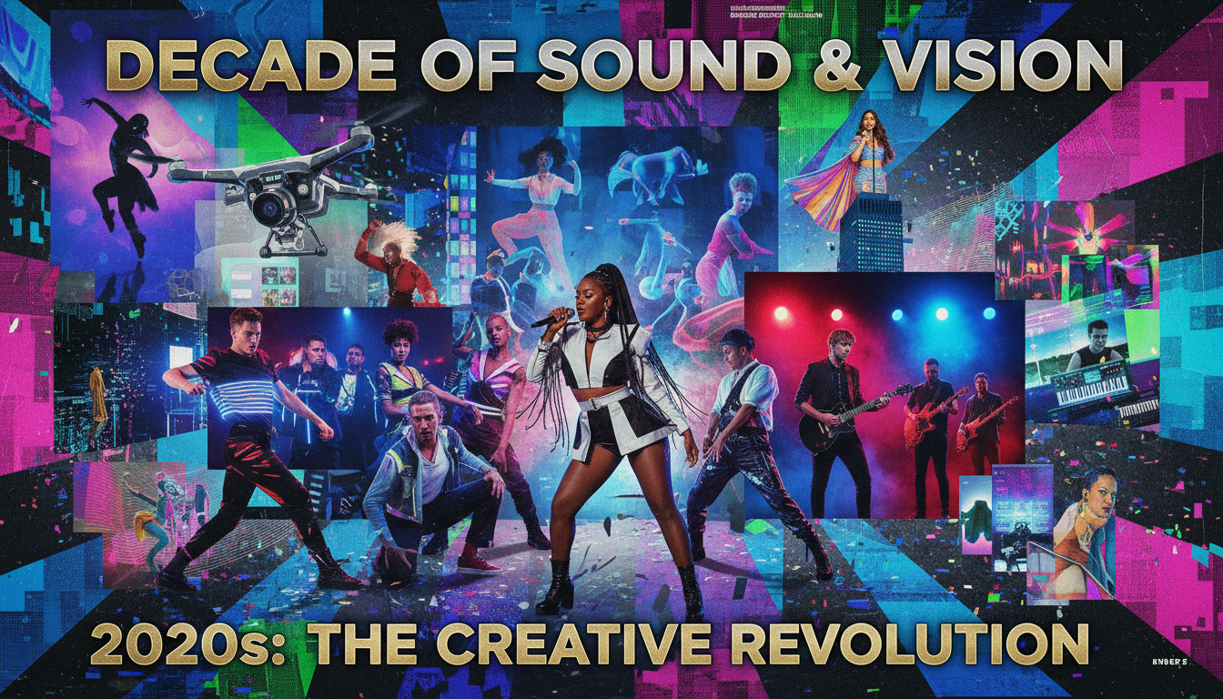 celebratory collage representing the best of 2020s music video artistry and innovation