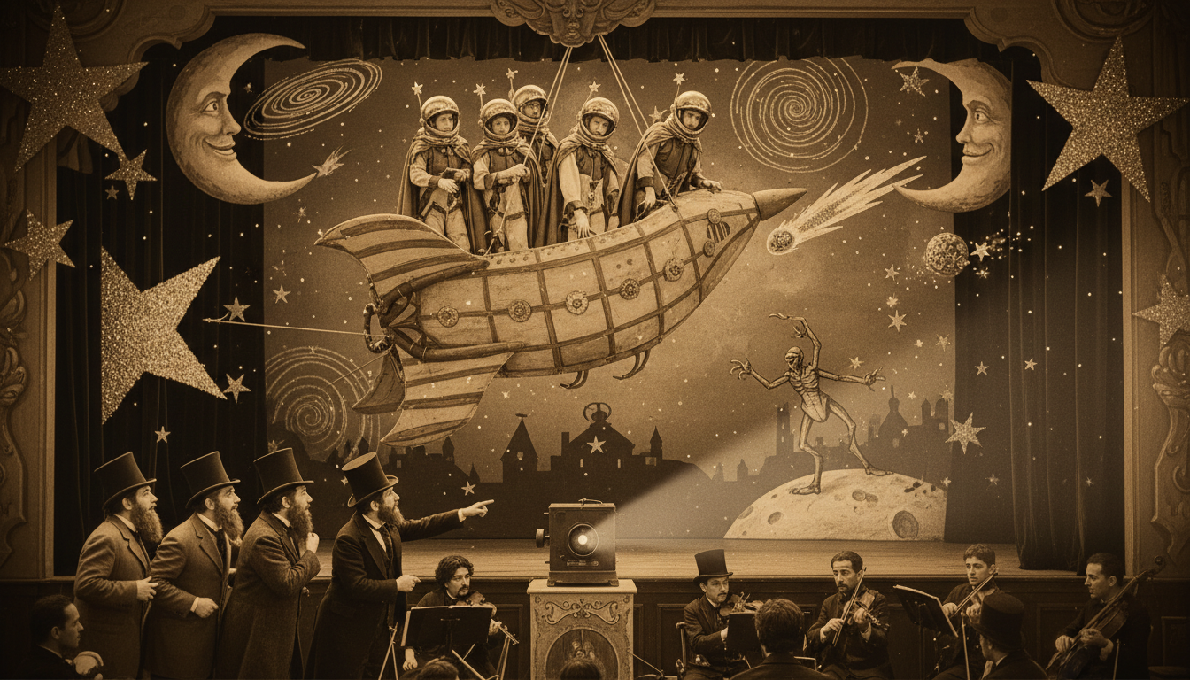 Silent film era space journey aesthetic with hand-painted sets and vintage effects