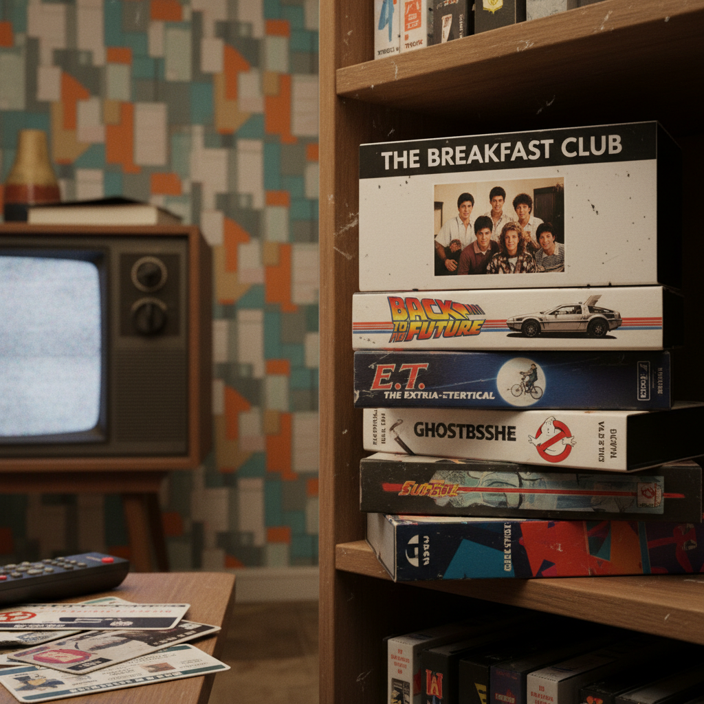 VHS video cassette tapes with major movie titles from 1980s