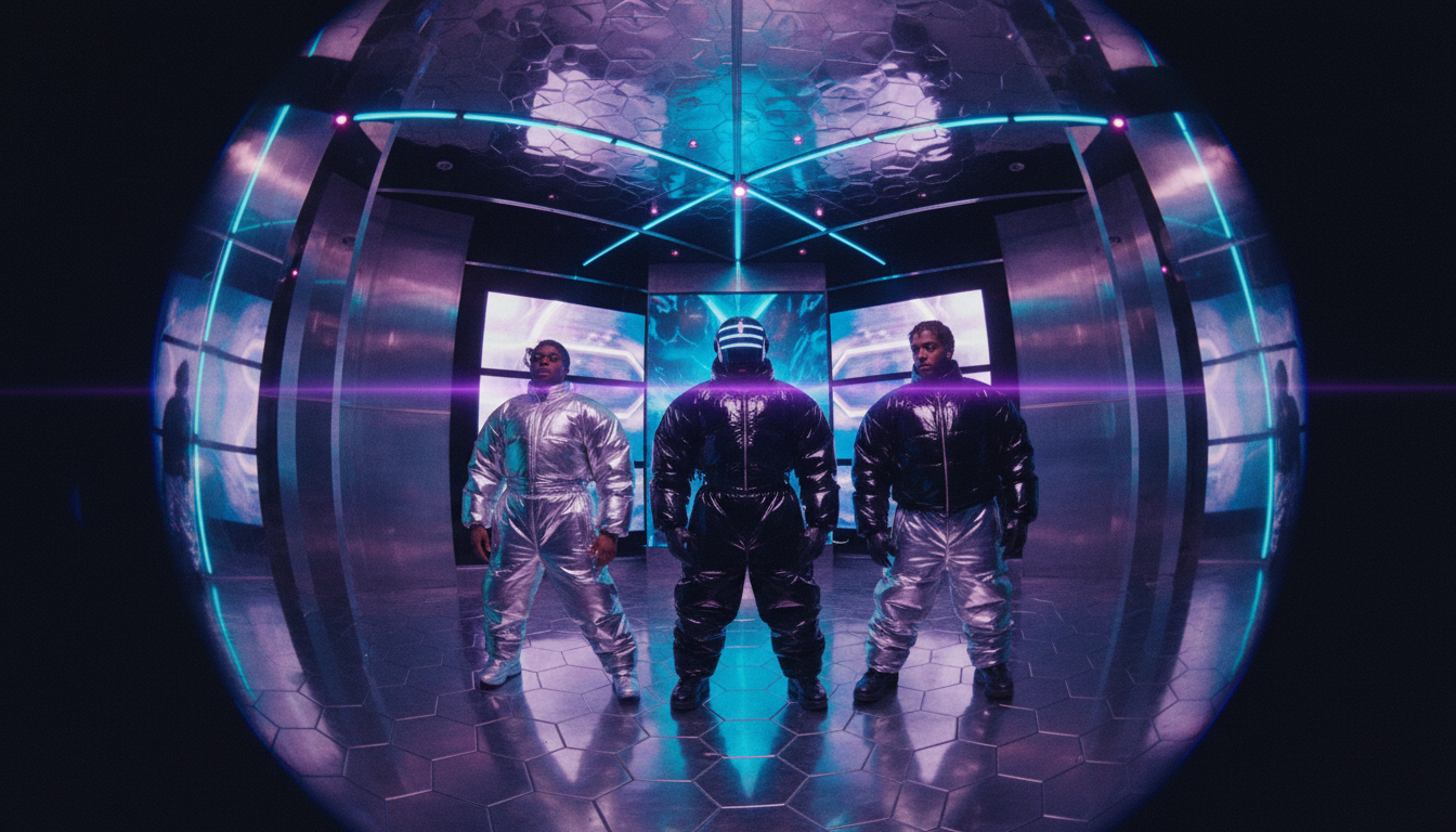 Futuristic hip-hop aesthetic with fish-eye lens distortion and vibrant colors