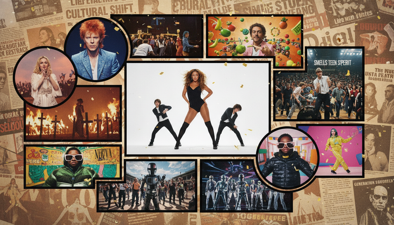 Celebratory collage of the top 10 music videos from the 2010s