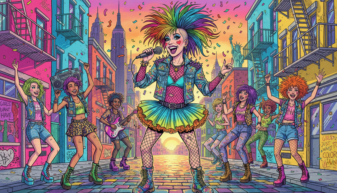 Cyndi Lauper with colorful 1980s fashion and hair dancing with diverse group of women