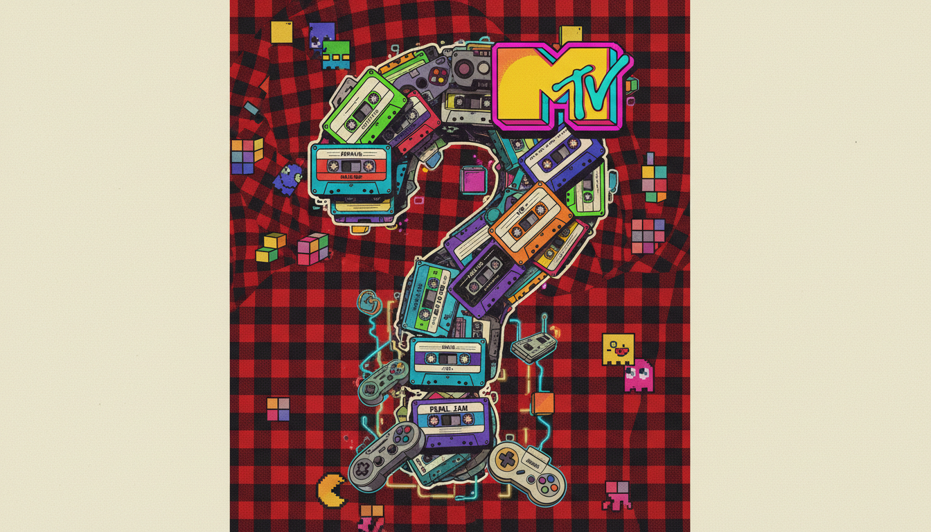 Question mark composed of Generation X cultural icons and symbols