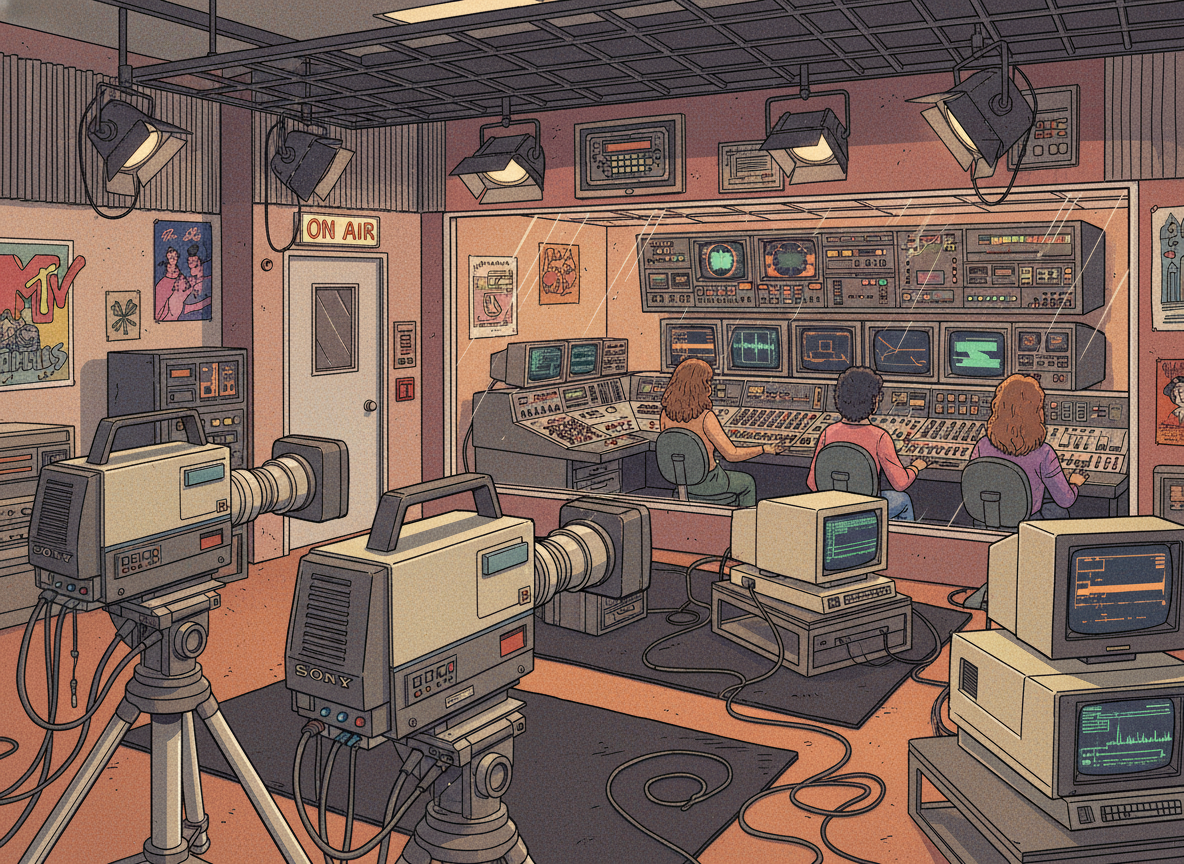 1980s video production equipment including cameras and editing systems