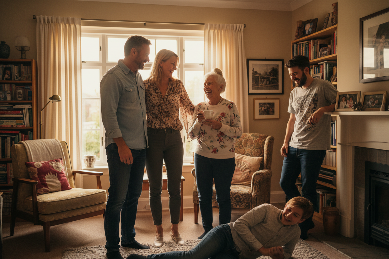 Multi-generational family gathering showing Generation X members connecting Baby Boomers with younger generations