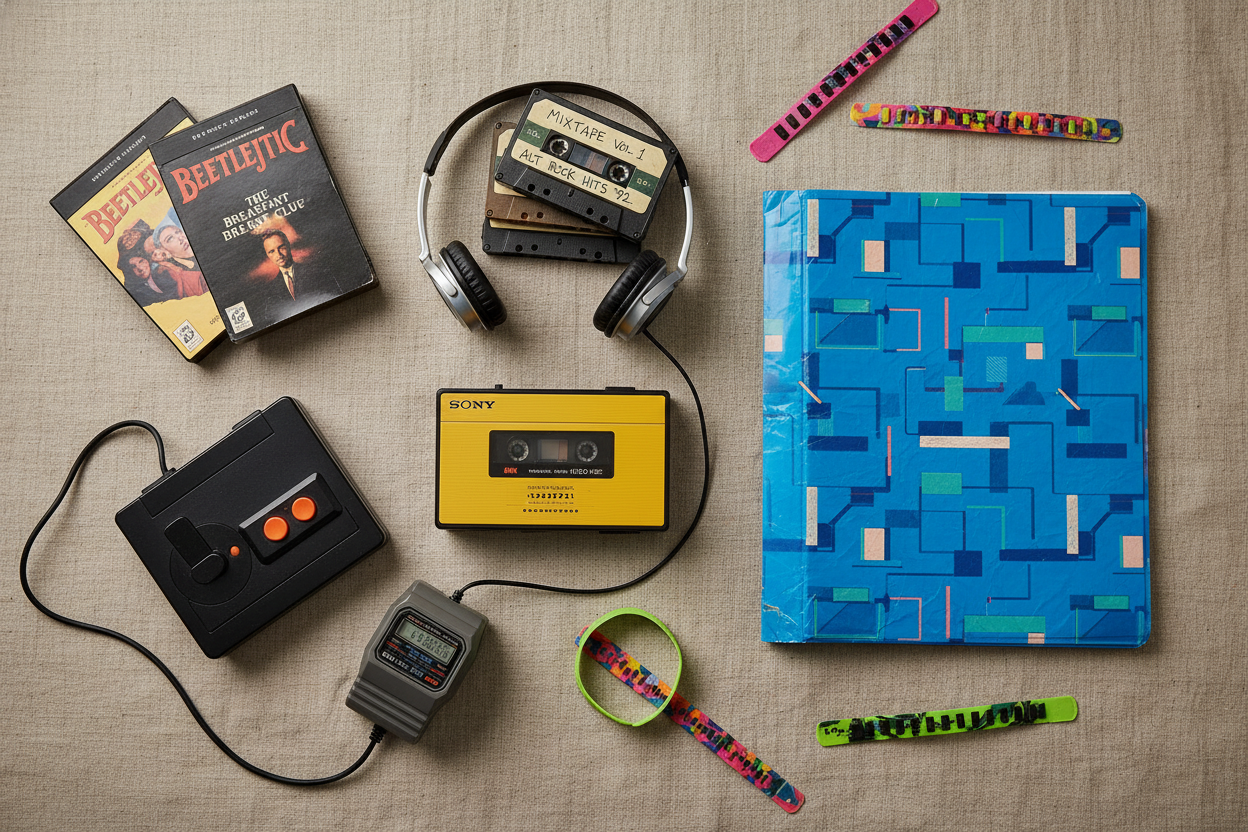 Collection of Generation X artifacts including Walkman, cassette tapes, VHS tapes, and other 1980s technology