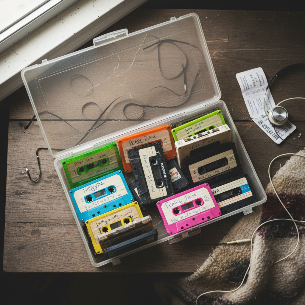 Collection of cassette tapes with handwritten labels in plastic storage case