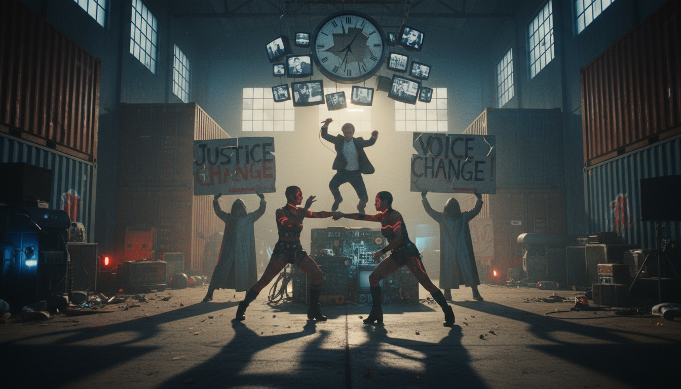 music video still showing powerful cinematography and social commentary elements