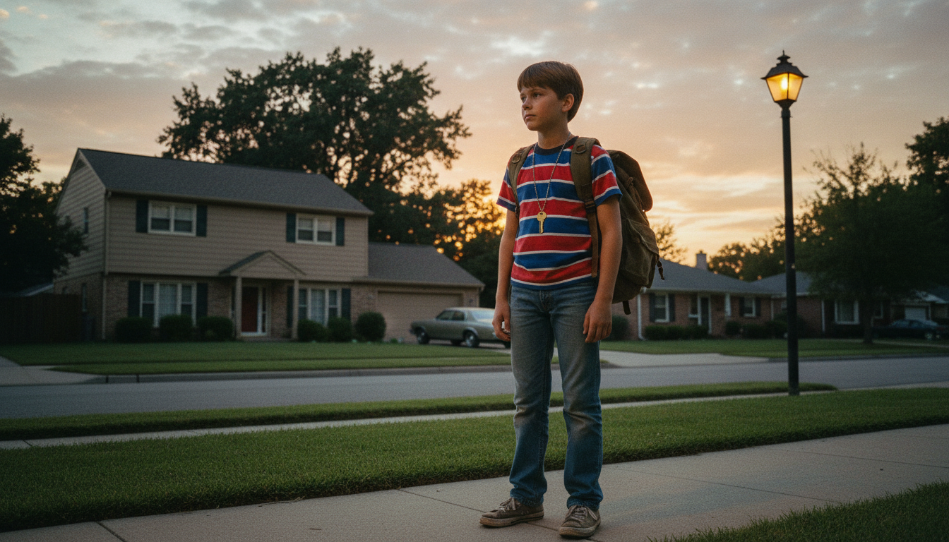 Generation X latchkey kid with house key on chain around neck standing outside suburban home at dusk