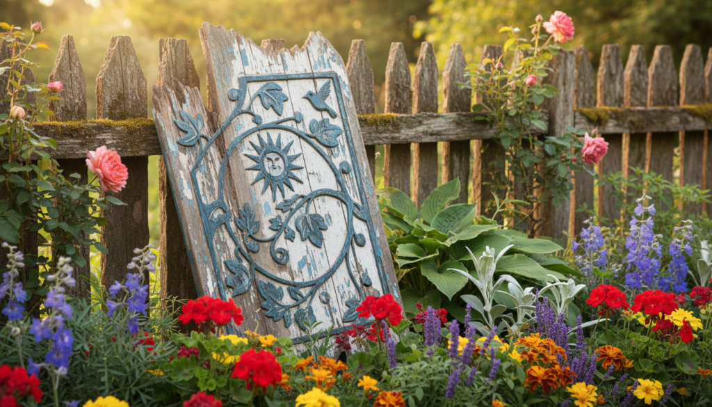 weathered garden sign
