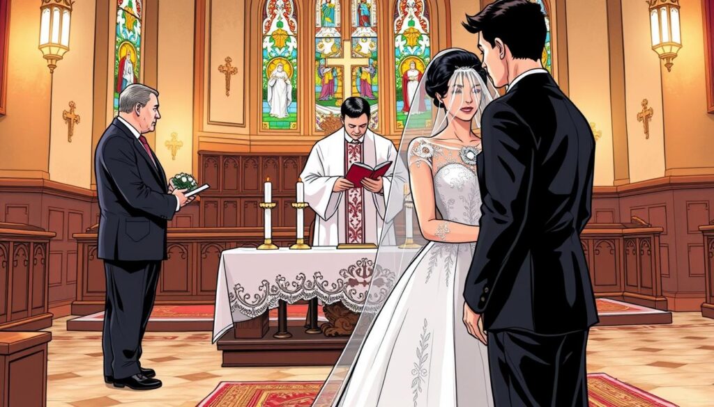 A Catholic wedding ceremony scene capturing the moment of the gift presentation during the Mass. In the foreground, a couple dressed in elegant wedding attire, with the bride in a modest, beautifully crafted white gown adorned with delicate lace and the groom in a sharp, classic black suit. They are positioned near the altar, where a table is set with religious symbols like candles and a cross. In the middle ground, a priest in traditional vestments is preparing to receive the gifts from a family member, depicted in professional attire. The background shows a decorated church interior, with stained glass windows casting soft, colorful light onto the ceremony. The atmosphere is solemn yet joyful, embodying the sanctity and celebration of the occasion, with warm lighting enhancing the intimate setting.