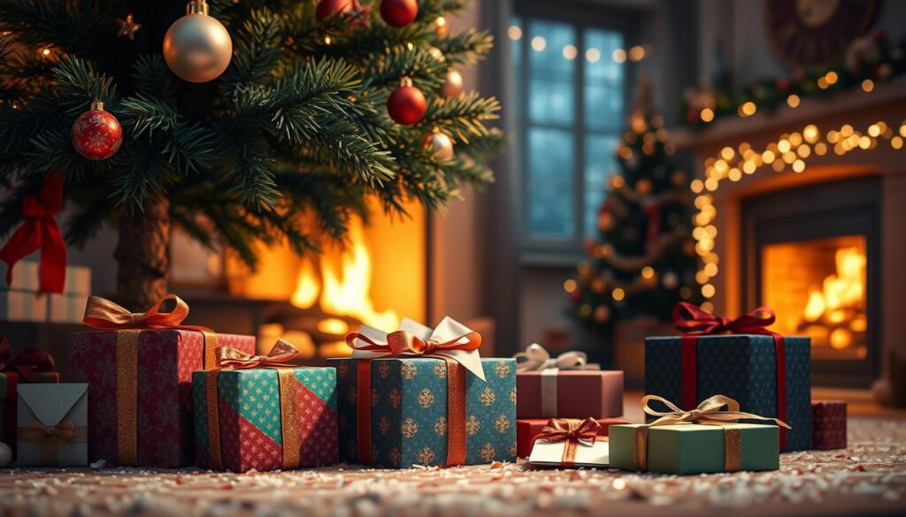 A beautifully arranged Christmas scene showcasing a variety of gifts gently placed under a decorated tree, conveying warmth and tradition. In the foreground, colorful gift boxes wrapped in festive paper with sparkling ribbons, and a small card peeking out, symbolize the joy of giving. In the middle, a cozy living room filled with soft ambient light from a fireplace, casting a golden glow on the scene. The background features a window with light snowfall outside, enhancing the holiday mood. Soft-focus fairy lights twinkle in the background, adding to the magical atmosphere. The entire image should evoke a sense of celebration while subtly hinting at the importance of thoughtfulness over materialism, capturing the essence of Christmas traditions. A beautifully arranged Christmas scene showcasing a variety of gifts gently placed under a decorated tree, conveying warmth and tradition. In the foreground, colorful gift boxes wrapped in festive paper with sparkling ribbons, and a small card peeking out, symbolize the joy of giving. In the middle, a cozy living room filled with soft ambient light from a fireplace, casting a golden glow on the scene. The background features a window with light snowfall outside, enhancing the holiday mood. Soft-focus fairy lights twinkle in the background, adding to the magical atmosphere. The entire image should evoke a sense of celebration while subtly hinting at the importance of thoughtfulness over materialism, capturing the essence of Christmas traditions.