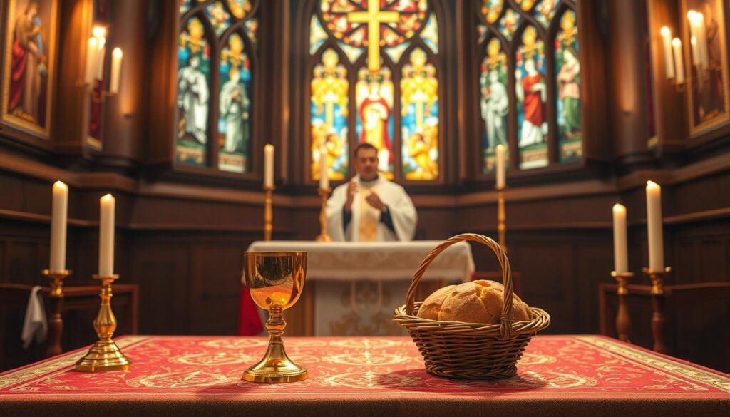 A beautifully arranged altar during a Catholic Mass, prominently featuring the gifts of bread and wine on a richly decorated altar cloth. In the foreground, a golden chalice gleams beside a basket of freshly baked bread, symbolizing the Eucharist. The middle ground reveals a priest in modest formal attire, reverently preparing the gifts, with candles flickering softly, casting warm light across the scene. In the background, stained glass windows depict biblical scenes, filling the space with colorful reflections. The atmosphere is serene and sacred, evoking a sense of solemn reverence and spirituality, perfectly capturing the essence of what the bread, wine, and offerings represent in the Mass. The lighting is warm and inviting, enhancing the sacred mood of the occasion.