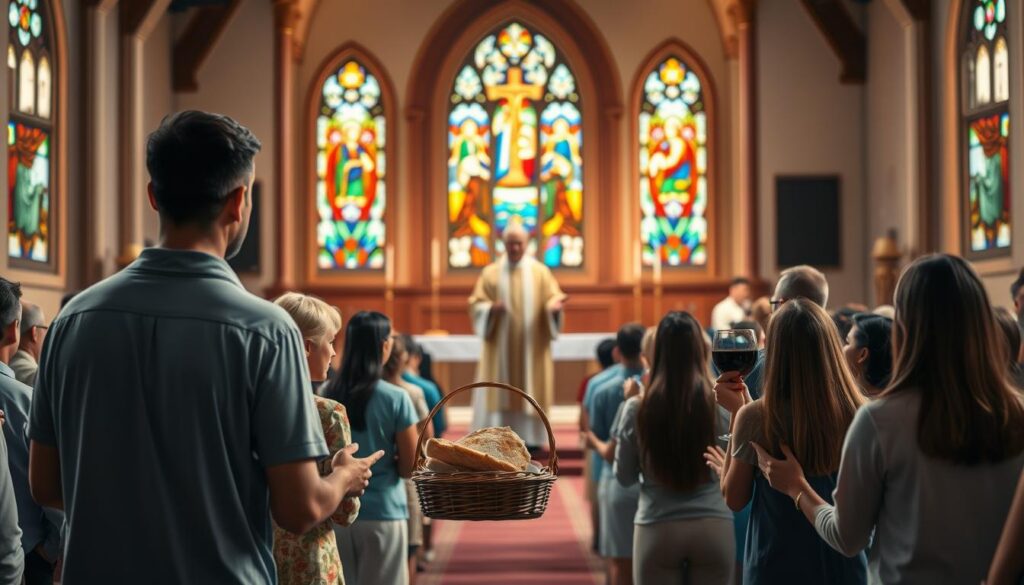 A beautifully arranged altar scene during a Catholic Mass, focusing on the moment of bringing up the gifts. In the foreground, a diverse group of parishioners, dressed in modest casual clothing, approach the altar with hands softly cradling a basket of bread and a chalice of wine. In the middle ground, a priest in liturgical vestments stands ready to receive the offerings, exuding a sense of reverence. The background features a softly lit church interior with stained glass windows casting colorful light, creating a serene and uplifting atmosphere. The image captures the significance of this sacred moment, emphasizing gratitude and community. The lighting is warm and inviting, reminiscent of a serene Sunday morning, with a slight depth of field to focus on the gifts being presented.