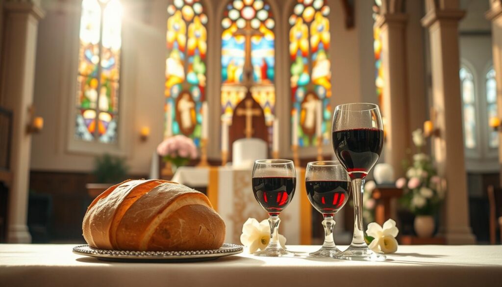 A beautifully arranged altar set in a sunlit Catholic church, showcasing the gifts of bread and wine prominently in the foreground. The bread is artisan-style, rustic, and whole, placed on a decorative plate, while a crystal chalice filled with deep red wine glimmers beside it. In the middle ground, a wooden altar adorned with white and gold cloth, candles softly flickering, and flowers in serene pastel hues create a sense of reverence. In the background, high stained glass windows filter warm, colorful light, casting a spiritual aura across the space. The atmosphere is peaceful and sacred, evoking a sense of community and tradition during the Mass. The image is captured with a soft focus lens at a slight angle to emphasize depth and serenity.