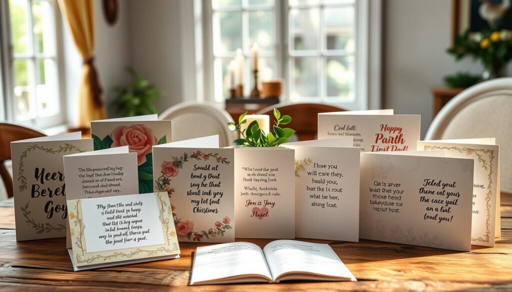A beautifully arranged collection of Christian greeting cards displayed on a rustic wooden table. In the foreground, the cards feature a variety of uplifting designs, each showcasing inspiring Bible verses and heartfelt sentiments for different occasions such as birthdays, anniversaries, and encouragement. The middle ground includes a few decorative elements like a small potted plant and a delicate candle, adding warmth to the scene. In the background, soft natural light filters through a window, casting gentle shadows and highlighting the textures of the cards. The atmosphere is serene and inviting, evoking a sense of hope and joy, perfect for celebrating faith-based moments. The composition captures a cozy, elegant ambiance, emphasizing the beauty and thoughtfulness of Christian sentiments. A beautifully arranged collection of Christian greeting cards displayed on a rustic wooden table. In the foreground, the cards feature a variety of uplifting designs, each showcasing inspiring Bible verses and heartfelt sentiments for different occasions such as birthdays, anniversaries, and encouragement. The middle ground includes a few decorative elements like a small potted plant and a delicate candle, adding warmth to the scene. In the background, soft natural light filters through a window, casting gentle shadows and highlighting the textures of the cards. The atmosphere is serene and inviting, evoking a sense of hope and joy, perfect for celebrating faith-based moments. The composition captures a cozy, elegant ambiance, emphasizing the beauty and thoughtfulness of Christian sentiments.