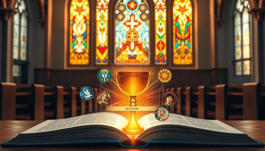 A beautifully arranged composition symbolizing the seven gifts of the Holy Spirit in a Catholic context. In the foreground, depict a glowing, golden chalice symbolizing wisdom, surrounded by vibrant images representing understanding, counsel, fortitude, knowledge, piety, and fear of the Lord—each gift illustrated as a burst of color or light. The middle ground features a peaceful, stained-glass window with intricate designs of doves, flames, and other religious symbols, softly illuminated by warm, ethereal lighting. In the background, a serene church interior, showcasing wooden pews and an altar bathed in gentle sunlight, conveys a sacred and reverent atmosphere. The overall mood should evoke inspiration, spirituality, and tranquility, inviting viewers to reflect on the significance of these gifts. A beautifully arranged composition symbolizing the seven gifts of the Holy Spirit in a Catholic context. In the foreground, depict a glowing, golden chalice symbolizing wisdom, surrounded by vibrant images representing understanding, counsel, fortitude, knowledge, piety, and fear of the Lord—each gift illustrated as a burst of color or light. The middle ground features a peaceful, stained-glass window with intricate designs of doves, flames, and other religious symbols, softly illuminated by warm, ethereal lighting. In the background, a serene church interior, showcasing wooden pews and an altar bathed in gentle sunlight, conveys a sacred and reverent atmosphere. The overall mood should evoke inspiration, spirituality, and tranquility, inviting viewers to reflect on the significance of these gifts.