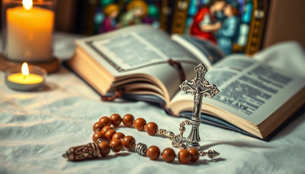 A beautifully arranged display of Catholic gifts symbolizing faith and love. In the foreground, a handcrafted wooden rosary with intricate carvings sits atop a soft, white linen cloth. Next to it, a small, elegant silver crucifix glimmers under warm candlelight, which casts gentle shadows. The middle ground features a traditional prayer book with a leather cover, partially open to reveal a rich tapestry of prayers. In the background, a softly blurred image of stained glass depicting a scene of love and devotion adds depth and warmth. The lighting is soft and ambient, evoking a serene and spiritual atmosphere, ideal for reflecting on gifts that enhance prayer and connection to faith.