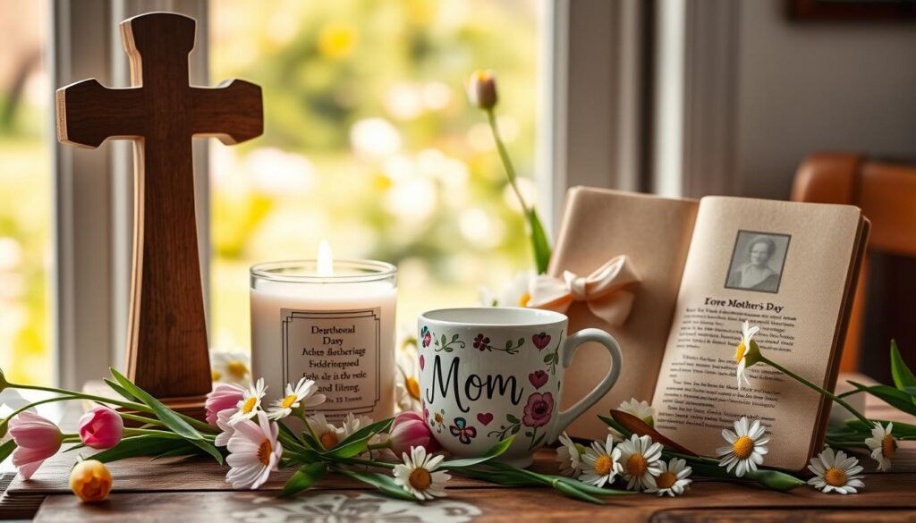 A beautifully arranged display of Christian Mother's Day gifts, featuring an elegant wooden cross, a scented candle with a scripture verse, a charming floral pottery mug that says "Mom", and a devotional book with a soft cover. In the foreground, the gifts are tastefully arranged on a rustic table, surrounded by delicate spring flowers like tulips and daisies, creating a warm and inviting atmosphere. In the middle, softly diffused natural light streams through a nearby window, illuminating the gifts and casting gentle shadows. In the background, a blurred out image of a tranquil garden can be seen, enhancing the serene vibe. The overall mood is heartfelt and peaceful, celebrating the love of motherhood and faith. The image should not contain any text or watermarks. A beautifully arranged display of Christian Mother's Day gifts, featuring an elegant wooden cross, a scented candle with a scripture verse, a charming floral pottery mug that says "Mom", and a devotional book with a soft cover. In the foreground, the gifts are tastefully arranged on a rustic table, surrounded by delicate spring flowers like tulips and daisies, creating a warm and inviting atmosphere. In the middle, softly diffused natural light streams through a nearby window, illuminating the gifts and casting gentle shadows. In the background, a blurred out image of a tranquil garden can be seen, enhancing the serene vibe. The overall mood is heartfelt and peaceful, celebrating the love of motherhood and faith. The image should not contain any text or watermarks.