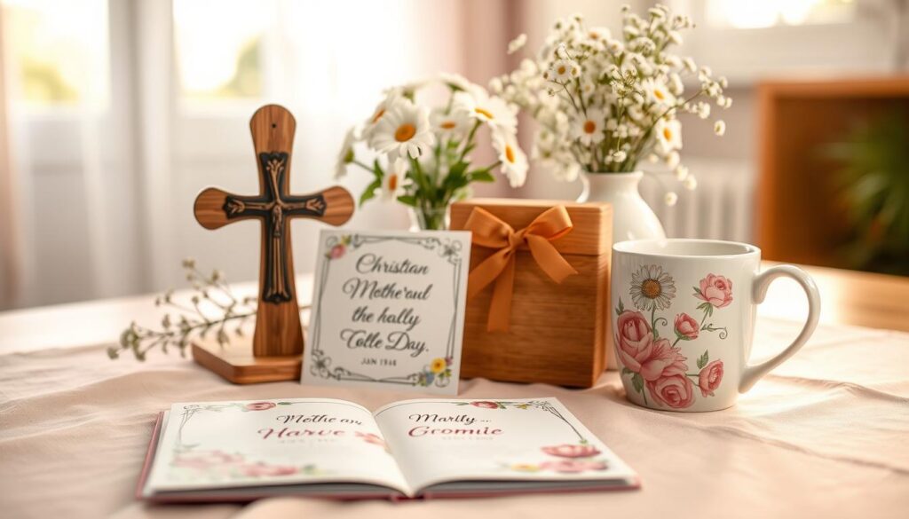 A beautifully arranged display of Christian Mother's Day gifts, featuring an elegant wooden cross, a heartfelt greeting card with a scripture verse, and a decorative ceramic mug with a floral design. In the foreground, the gifts are artfully placed on a soft, pastel-colored tablecloth. The middle layer includes a gently lit setting, with a vase of fresh daisies and baby’s breath nearby, enhancing the warmth. In the background, a bright window allows natural sunlight to filter in, casting a soft glow over the scene. The mood is serene and inviting, symbolizing love and gratitude. The overall composition evokes a sense of celebration and appreciation, perfect for Mother's Day. Use a warm tone and soft focus to enhance the emotional appeal. A beautifully arranged display of Christian Mother's Day gifts, featuring an elegant wooden cross, a heartfelt greeting card with a scripture verse, and a decorative ceramic mug with a floral design. In the foreground, the gifts are artfully placed on a soft, pastel-colored tablecloth. The middle layer includes a gently lit setting, with a vase of fresh daisies and baby’s breath nearby, enhancing the warmth. In the background, a bright window allows natural sunlight to filter in, casting a soft glow over the scene. The mood is serene and inviting, symbolizing love and gratitude. The overall composition evokes a sense of celebration and appreciation, perfect for Mother's Day. Use a warm tone and soft focus to enhance the emotional appeal.