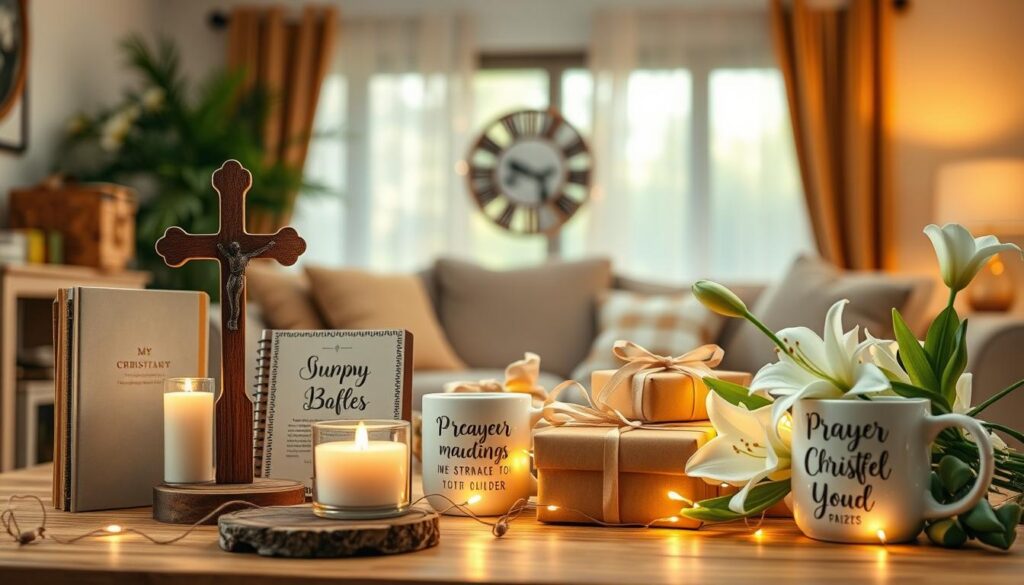 A beautifully arranged display of Christian gifts, featuring a wooden cross, elegantly crafted prayer journals, and decorative mugs with inspirational quotes. In the foreground, place a softly lit candle and a blooming bouquet of white lilies to enhance the spiritual ambiance. The middle ground showcases a variety of gift boxes wrapped in earthy tones, nestled among gently glowing fairy lights. In the background, a serene scene of a cozy living room with warm sunlight filtering through sheer curtains, creating a welcoming atmosphere. Use soft, natural lighting to evoke a feeling of tranquility and warmth, with a slight depth of field focusing on the gifts, while the background softly blurs. The overall mood should be peaceful and reflective, inviting contemplation on the meaning of Christian gifts. A beautifully arranged display of Christian gifts, featuring a wooden cross, elegantly crafted prayer journals, and decorative mugs with inspirational quotes. In the foreground, place a softly lit candle and a blooming bouquet of white lilies to enhance the spiritual ambiance. The middle ground showcases a variety of gift boxes wrapped in earthy tones, nestled among gently glowing fairy lights. In the background, a serene scene of a cozy living room with warm sunlight filtering through sheer curtains, creating a welcoming atmosphere. Use soft, natural lighting to evoke a feeling of tranquility and warmth, with a slight depth of field focusing on the gifts, while the background softly blurs. The overall mood should be peaceful and reflective, inviting contemplation on the meaning of Christian gifts.