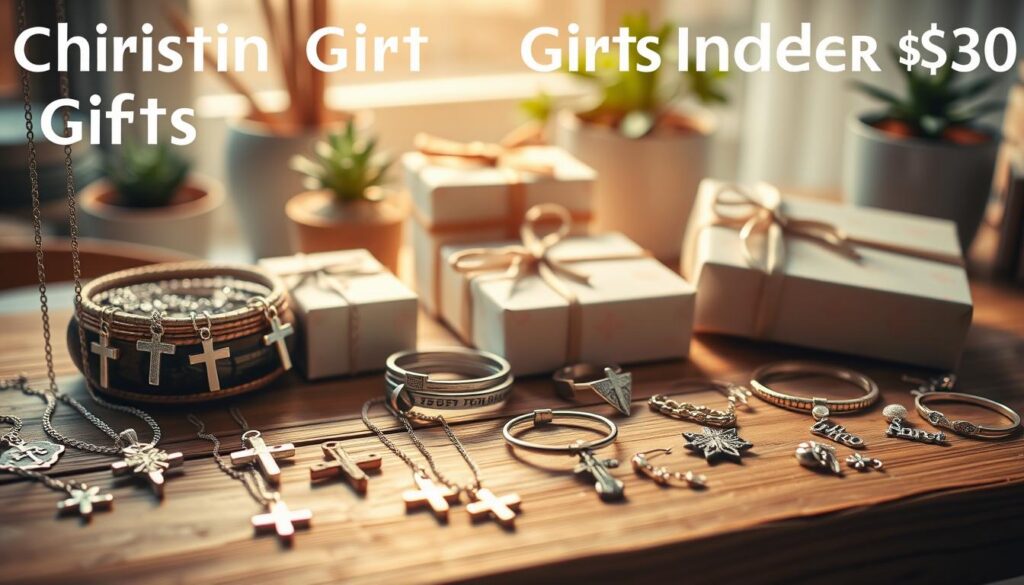 A beautifully arranged display of Christian jewelry gifts under $30, featuring a variety of elegant pieces including necklaces with crosses, delicate bracelets adorned with inspirational charms, and minimalist earrings showcasing faith symbols. The foreground displays an assortment of the jewelry neatly organized on a rustic wooden surface, illuminated by soft, warm lighting that enhances the details of each piece. The middle ground showcases a few gift boxes wrapped in pastel-colored paper, with subtle Christian motifs. In the background, a softly blurred cozy setting with natural elements like potted plants and a faint hint of sunlight filtering through a window creates a serene and inviting atmosphere. The mood is joyful and thoughtful, perfect for gift-giving. A beautifully arranged display of Christian jewelry gifts under $30, featuring a variety of elegant pieces including necklaces with crosses, delicate bracelets adorned with inspirational charms, and minimalist earrings showcasing faith symbols. The foreground displays an assortment of the jewelry neatly organized on a rustic wooden surface, illuminated by soft, warm lighting that enhances the details of each piece. The middle ground showcases a few gift boxes wrapped in pastel-colored paper, with subtle Christian motifs. In the background, a softly blurred cozy setting with natural elements like potted plants and a faint hint of sunlight filtering through a window creates a serene and inviting atmosphere. The mood is joyful and thoughtful, perfect for gift-giving.