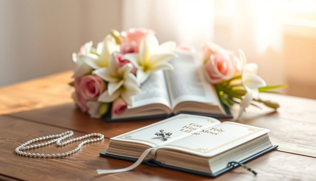 A beautifully arranged display of First Holy Communion gifts on a wooden table. In the foreground, a delicately embellished white Bible with gold lettering and a small rosary made of shining beads. Beside it, a charming silver cross necklace draped elegantly, reflecting soft light. In the middle ground, a pristine white prayer book opened to a page with a gentle floral design, surrounded by a bouquet of fresh white lilies and pink roses. The background features subtle pastel hues blending softly, creating a serene atmosphere illuminated by warm natural light streaming through a nearby window. The overall mood is spiritual and celebratory, highlighting the importance of the occasion. A beautifully arranged display of First Holy Communion gifts on a wooden table. In the foreground, a delicately embellished white Bible with gold lettering and a small rosary made of shining beads. Beside it, a charming silver cross necklace draped elegantly, reflecting soft light. In the middle ground, a pristine white prayer book opened to a page with a gentle floral design, surrounded by a bouquet of fresh white lilies and pink roses. The background features subtle pastel hues blending softly, creating a serene atmosphere illuminated by warm natural light streaming through a nearby window. The overall mood is spiritual and celebratory, highlighting the importance of the occasion.