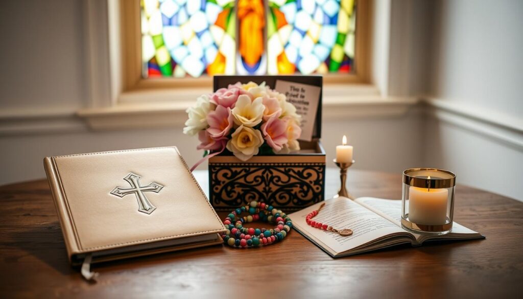 A beautifully arranged display of gifts symbolizing the Seven Gifts of the Holy Spirit, set on a wooden table in a soft, warmly lit room. In the foreground, a delicate journal with a cross embossed on its cover, a rosary made of colorful beads, and a small, elegant candle stand out. In the middle, a bouquet of flowers in soft pastel colors represents joy and love, surrounded by a decorative box containing thoughtful notes on spiritual growth. The background features a gently blurred stained glass window emitting divine light, enhancing the atmosphere of spirituality and celebration. The image conveys a serene and uplifting mood, emphasizing the significance of confirmation gifts in a Catholic context. A beautifully arranged display of gifts symbolizing the Seven Gifts of the Holy Spirit, set on a wooden table in a soft, warmly lit room. In the foreground, a delicate journal with a cross embossed on its cover, a rosary made of colorful beads, and a small, elegant candle stand out. In the middle, a bouquet of flowers in soft pastel colors represents joy and love, surrounded by a decorative box containing thoughtful notes on spiritual growth. The background features a gently blurred stained glass window emitting divine light, enhancing the atmosphere of spirituality and celebration. The image conveys a serene and uplifting mood, emphasizing the significance of confirmation gifts in a Catholic context.