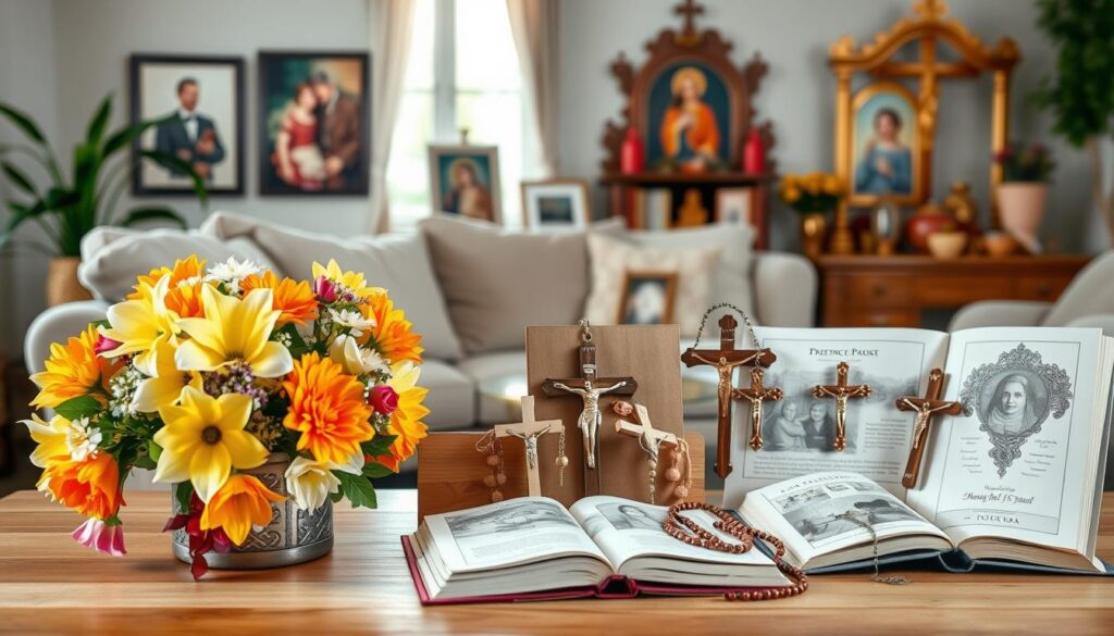 A beautifully arranged display of meaningful Catholic gifts for families, featuring a variety of items like handcrafted wooden crucifixes, elegant rosaries, religious art prints, and sentimental prayer books. In the foreground, a soft-focus wooden table displays a vibrant bouquet of flowers alongside these thoughtful gifts, creating a warm, inviting scene. The middle ground captures a cozy living room setting with natural light filtering through a window, illuminating the gifts and enhancing their textures. In the background, subtly blurred family portraits and an ornate religious shrine add a personal touch, evoking a sense of faith and togetherness. The overall atmosphere is tranquil and heartfelt, inviting viewers to consider these items as cherished gifts for loved ones. The scene is captured from a slightly elevated angle, lending a sense of perspective and depth to the image. A beautifully arranged display of meaningful Catholic gifts for families, featuring a variety of items like handcrafted wooden crucifixes, elegant rosaries, religious art prints, and sentimental prayer books. In the foreground, a soft-focus wooden table displays a vibrant bouquet of flowers alongside these thoughtful gifts, creating a warm, inviting scene. The middle ground captures a cozy living room setting with natural light filtering through a window, illuminating the gifts and enhancing their textures. In the background, subtly blurred family portraits and an ornate religious shrine add a personal touch, evoking a sense of faith and togetherness. The overall atmosphere is tranquil and heartfelt, inviting viewers to consider these items as cherished gifts for loved ones. The scene is captured from a slightly elevated angle, lending a sense of perspective and depth to the image.