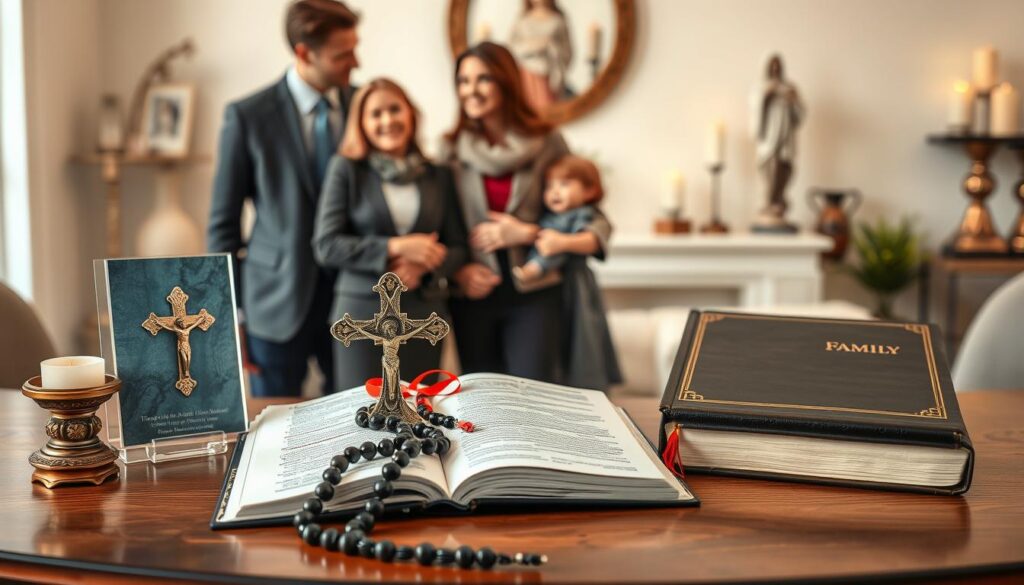 A beautifully arranged display of meaningful Catholic gifts for family, including a rosary, a decorative crucifix, a prayer book, and a personalized family Bible, set on an elegant wooden table. In the foreground, the gifts are clearly visible, with intricate details highlighted by warm, inviting lighting. In the middle ground, soft-focus images of a family enjoying spiritual moments together, all dressed in modest, professional attire, enhance the sense of connection and love. The background features a serene, softly lit room adorned with religious symbols, like statues and candles, creating a peaceful, reflective atmosphere. The scene captures a warm, inviting mood, perfect for illustrating the significance of these gifts. A beautifully arranged display of meaningful Catholic gifts for family, including a rosary, a decorative crucifix, a prayer book, and a personalized family Bible, set on an elegant wooden table. In the foreground, the gifts are clearly visible, with intricate details highlighted by warm, inviting lighting. In the middle ground, soft-focus images of a family enjoying spiritual moments together, all dressed in modest, professional attire, enhance the sense of connection and love. The background features a serene, softly lit room adorned with religious symbols, like statues and candles, creating a peaceful, reflective atmosphere. The scene captures a warm, inviting mood, perfect for illustrating the significance of these gifts.