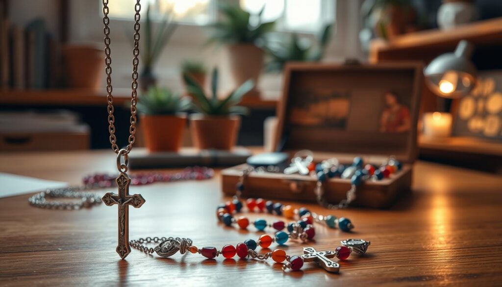 A beautifully arranged display of meaningful religious jewelry and wearables, featuring a variety of items such as rosaries, crucifixes, and faith-inspired necklaces. In the foreground, highlight an elegant silver crucifix pendant on a delicate chain and a set of colorful beaded rosary. The middle ground should include a softly lit wooden box partially open, revealing more jewelry pieces, with a polished wooden table underneath. In the background, a serene workspace illuminated by warm, natural light coming from a nearby window, and gentle plant accents. The atmosphere should evoke feelings of love, faith, and warmth, capturing the essence of Catholic gifts that celebrate spirituality. The scene should be viewed from a slightly elevated angle to capture depth and detail.