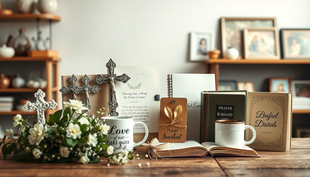 A beautifully arranged display of popular Christian gifts for various occasions, including elegant crosses, inspirational books, decorative mugs with faith-based quotes, and personalized prayer journals, all set on a rustic wooden table. In the foreground, a delicate floral arrangement complements the gifts, while soft, diffused lighting creates a warm and inviting atmosphere. The middle ground features a subtle blurred background with shelves stacked with more Christian gifts, such as ornaments and artwork depicting biblical scenes. The image captures a serene and uplifting mood, evoking feelings of joy and celebration. Use a shallow depth of field to emphasize the gifts while gently blurring the background, creating a cozy, welcoming ambiance suitable for any occasion. A beautifully arranged display of popular Christian gifts for various occasions, including elegant crosses, inspirational books, decorative mugs with faith-based quotes, and personalized prayer journals, all set on a rustic wooden table. In the foreground, a delicate floral arrangement complements the gifts, while soft, diffused lighting creates a warm and inviting atmosphere. The middle ground features a subtle blurred background with shelves stacked with more Christian gifts, such as ornaments and artwork depicting biblical scenes. The image captures a serene and uplifting mood, evoking feelings of joy and celebration. Use a shallow depth of field to emphasize the gifts while gently blurring the background, creating a cozy, welcoming ambiance suitable for any occasion.