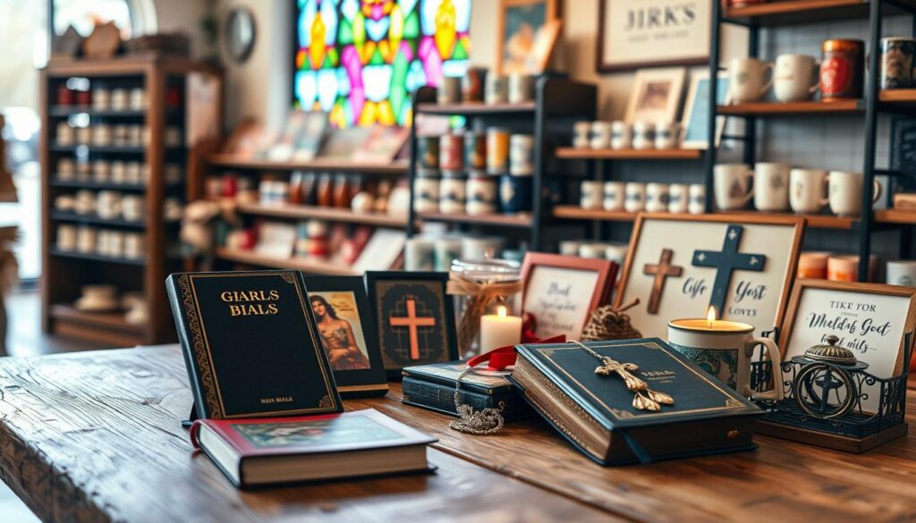 A beautifully arranged display of popular Christian gifts in a cozy, inviting store setting. In the foreground, a rustic wooden table showcases a variety of gift options: intricately designed Bibles, delicate cross necklaces, and inspirational wall art. On the shelves in the middle ground, colorful faith-themed mugs and candles add warmth to the scene. The background reveals soft, ambient lighting with a stained glass window casting colorful reflections, creating a serene atmosphere. The mood is uplifting and inspirational, ideal for gift shopping. Use a slight depth of field to emphasize the gifts in the foreground while softly blurring the background, captured with natural lighting to enhance the inviting look of the store. A beautifully arranged display of popular Christian gifts in a cozy, inviting store setting. In the foreground, a rustic wooden table showcases a variety of gift options: intricately designed Bibles, delicate cross necklaces, and inspirational wall art. On the shelves in the middle ground, colorful faith-themed mugs and candles add warmth to the scene. The background reveals soft, ambient lighting with a stained glass window casting colorful reflections, creating a serene atmosphere. The mood is uplifting and inspirational, ideal for gift shopping. Use a slight depth of field to emphasize the gifts in the foreground while softly blurring the background, captured with natural lighting to enhance the inviting look of the store.