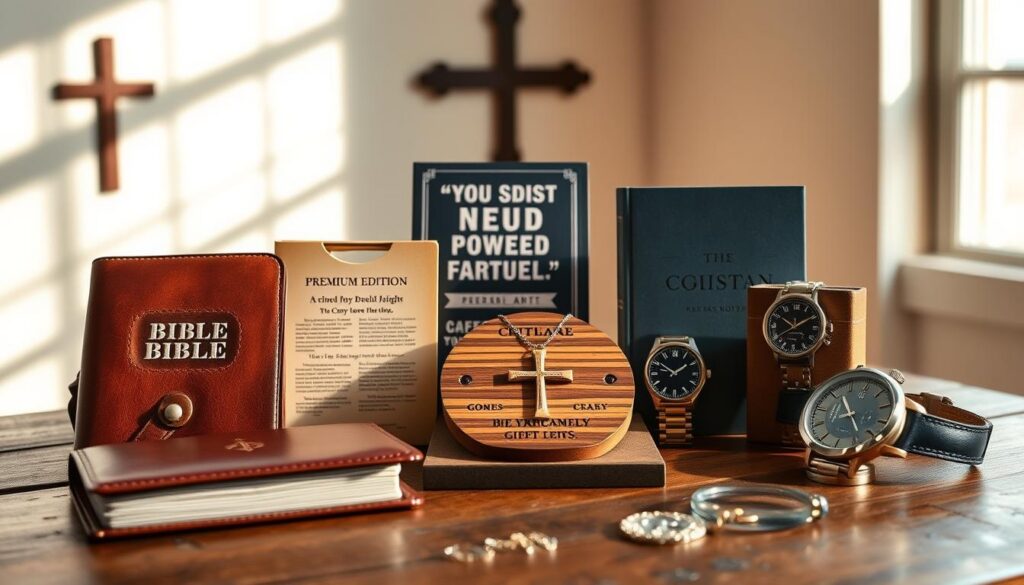 A beautifully arranged display of unique Christian gifts for men, set on a rustic wooden table. In the foreground, showcase a handcrafted leather bible cover, a set of engraved wooden coasters with scripture verses, and a stylish cross necklace. In the middle, include a premium edition of a devotional book, a striking wall art piece featuring a powerful Bible quote, and an elegant watch with a subtle Christian emblem. The background features a softly lit, warm-toned room with a cross hanging on the wall and soft shadows creating a serene atmosphere. Use natural sunlight streaming through a nearby window, highlighting the textures and details of the gifts. The mood is peaceful and inspiring, perfect for reflecting thoughtfulness and spirituality. A beautifully arranged display of unique Christian gifts for men, set on a rustic wooden table. In the foreground, showcase a handcrafted leather bible cover, a set of engraved wooden coasters with scripture verses, and a stylish cross necklace. In the middle, include a premium edition of a devotional book, a striking wall art piece featuring a powerful Bible quote, and an elegant watch with a subtle Christian emblem. The background features a softly lit, warm-toned room with a cross hanging on the wall and soft shadows creating a serene atmosphere. Use natural sunlight streaming through a nearby window, highlighting the textures and details of the gifts. The mood is peaceful and inspiring, perfect for reflecting thoughtfulness and spirituality.