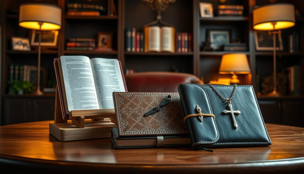 A beautifully arranged display of unique Christian gifts for men, showcasing items like a handcrafted wooden Bible stand, an intricately designed leather journal, and a stylish silver cross necklace. In the foreground, the gifts are elegantly presented on a polished wooden surface, illuminated by warm, soft lighting that creates an inviting atmosphere. In the middle, a subtle backdrop of a cozy study with dark wood shelves adorned with religious books and framed Bible verses is visible. The scene is captured from a slight overhead angle to highlight the details of each gift. The mood is thoughtful and inspirational, perfect for conveying the significance of choosing meaningful Christian gifts. A beautifully arranged display of unique Christian gifts for men, showcasing items like a handcrafted wooden Bible stand, an intricately designed leather journal, and a stylish silver cross necklace. In the foreground, the gifts are elegantly presented on a polished wooden surface, illuminated by warm, soft lighting that creates an inviting atmosphere. In the middle, a subtle backdrop of a cozy study with dark wood shelves adorned with religious books and framed Bible verses is visible. The scene is captured from a slight overhead angle to highlight the details of each gift. The mood is thoughtful and inspirational, perfect for conveying the significance of choosing meaningful Christian gifts.