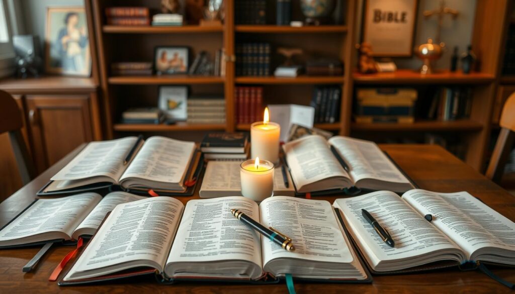 A beautifully arranged display of various Bibles and Christian accessories, set on a polished wooden table. In the foreground, several types of Bibles are open, showcasing different styles—leather-bound, hardcover, and pocket-sized versions. Decorative bookmarks, elegant pens, and a small prayer journal surround them, emphasizing their functionality for various occasions. In the middle ground, a warm candle flickers softly, casting a gentle glow and creating a serene atmosphere. In the background, subtle shelves filled with more Bible study materials and religious decor can be seen, enhancing the sense of a welcoming space. The lighting is warm and inviting, with a focus on a cozy yet professional ambiance. The image should evoke feelings of peace and devotion, reflecting the significance of these gifts. A beautifully arranged display of various Bibles and Christian accessories, set on a polished wooden table. In the foreground, several types of Bibles are open, showcasing different styles—leather-bound, hardcover, and pocket-sized versions. Decorative bookmarks, elegant pens, and a small prayer journal surround them, emphasizing their functionality for various occasions. In the middle ground, a warm candle flickers softly, casting a gentle glow and creating a serene atmosphere. In the background, subtle shelves filled with more Bible study materials and religious decor can be seen, enhancing the sense of a welcoming space. The lighting is warm and inviting, with a focus on a cozy yet professional ambiance. The image should evoke feelings of peace and devotion, reflecting the significance of these gifts.