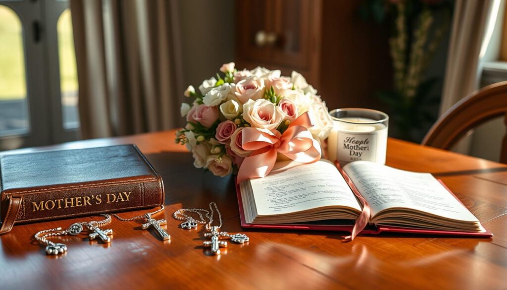 A beautifully arranged display of various Christian Mother's Day gifts on a polished wooden table. In the foreground, there are elegant handcrafted jewelry pieces featuring crosses, a stylish leather-bound Bible, and a fragrant candle with scripture verses. In the middle, a delicate flower bouquet made of pastel-colored blooms complements a charming gift box tied with a ribbon, hinting at special surprises inside. In the background, soft sunlight streams through a nearby window, casting warm, inviting light and gentle shadows. The overall mood is serene and uplifting, embodying love and appreciation. This composition should reflect a harmonious blend of faith and thoughtful gifting, perfect for Mother's Day celebrations. A beautifully arranged display of various Christian Mother's Day gifts on a polished wooden table. In the foreground, there are elegant handcrafted jewelry pieces featuring crosses, a stylish leather-bound Bible, and a fragrant candle with scripture verses. In the middle, a delicate flower bouquet made of pastel-colored blooms complements a charming gift box tied with a ribbon, hinting at special surprises inside. In the background, soft sunlight streams through a nearby window, casting warm, inviting light and gentle shadows. The overall mood is serene and uplifting, embodying love and appreciation. This composition should reflect a harmonious blend of faith and thoughtful gifting, perfect for Mother's Day celebrations.