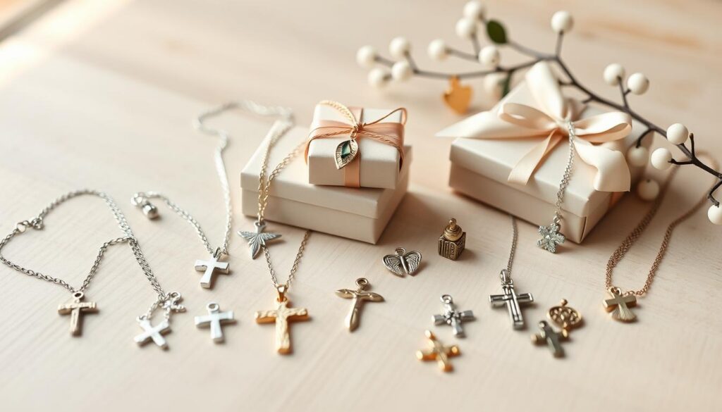 A beautifully arranged flat lay of Christian jewelry gifts priced under $30. In the foreground, showcase a selection of delicate necklaces featuring crosses, angel wings, and inspirational charms, crafted from silver and gold-tone materials. The middle layer should include small, elegant jewelry boxes and soft, pastel tissue paper, emphasizing the charm of gift-giving. In the background, use a subtle, blurred wooden table texture to add warmth and depth. Natural light filters in from the left, creating soft shadows and highlighting the shine of the jewelry. The overall atmosphere should evoke feelings of love and spirituality, making the viewer feel inspired by the meaningful gifts displayed. No text or logos included. A beautifully arranged flat lay of Christian jewelry gifts priced under $30. In the foreground, showcase a selection of delicate necklaces featuring crosses, angel wings, and inspirational charms, crafted from silver and gold-tone materials. The middle layer should include small, elegant jewelry boxes and soft, pastel tissue paper, emphasizing the charm of gift-giving. In the background, use a subtle, blurred wooden table texture to add warmth and depth. Natural light filters in from the left, creating soft shadows and highlighting the shine of the jewelry. The overall atmosphere should evoke feelings of love and spirituality, making the viewer feel inspired by the meaningful gifts displayed. No text or logos included.