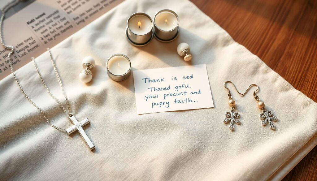 A beautifully arranged flat lay of jewelry and wearable faith accessories, featuring a silver cross necklace, a delicate bracelet with small charms, and elegant earrings with a subtle religious motif. The foreground displays these pieces on a soft, textured fabric in muted pastel colors, enhancing their intricate details. In the middle, add a few small decorative items like candles and a handwritten note expressing gratitude, giving a warm, personal touch. The background softly fades into a blurred wooden surface, suggesting a cozy and inviting atmosphere. The lighting is soft and warm, casting gentle shadows to emphasize the textures of the jewelry, creating a serene and uplifting mood ideal for faith-based gifting. A beautifully arranged flat lay of jewelry and wearable faith accessories, featuring a silver cross necklace, a delicate bracelet with small charms, and elegant earrings with a subtle religious motif. The foreground displays these pieces on a soft, textured fabric in muted pastel colors, enhancing their intricate details. In the middle, add a few small decorative items like candles and a handwritten note expressing gratitude, giving a warm, personal touch. The background softly fades into a blurred wooden surface, suggesting a cozy and inviting atmosphere. The lighting is soft and warm, casting gentle shadows to emphasize the textures of the jewelry, creating a serene and uplifting mood ideal for faith-based gifting.