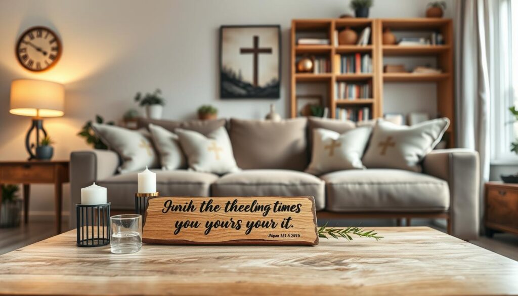 A beautifully arranged living room featuring faith-inspired home decor. In the foreground, a rustic wooden coffee table adorned with a hand-carved Bible verse plaque, delicate candles, and a small potted plant. The middle ground showcases a cozy sofa with throw pillows featuring subtle Christian symbols, complemented by a serene wall art piece depicting a cross and nature. In the background, a softly lit bookshelf filled with inspirational books and religious artifacts, bathed in warm, natural light streaming through a nearby window. The overall atmosphere is serene and inviting, ideal for a reflective space, captured with a wide-angle lens to encompass the harmony and warmth of the decor. A beautifully arranged living room featuring faith-inspired home decor. In the foreground, a rustic wooden coffee table adorned with a hand-carved Bible verse plaque, delicate candles, and a small potted plant. The middle ground showcases a cozy sofa with throw pillows featuring subtle Christian symbols, complemented by a serene wall art piece depicting a cross and nature. In the background, a softly lit bookshelf filled with inspirational books and religious artifacts, bathed in warm, natural light streaming through a nearby window. The overall atmosphere is serene and inviting, ideal for a reflective space, captured with a wide-angle lens to encompass the harmony and warmth of the decor.