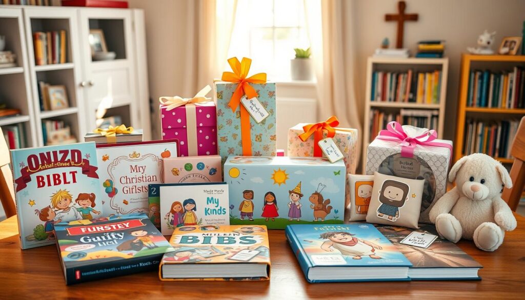 A beautifully arranged selection of thoughtful Christian gifts for kids, displayed on a wooden table in a cozy, sunlit room. In the foreground, there are colorful children's Bibles, fun faith-based puzzles, and plush toys depicting biblical characters, all neatly laid out. In the middle, vibrant gift boxes wrapped with cheerful ribbons and tags featuring inspirational messages enhance the scene. Soft, warm light filters through a window, casting gentle shadows and adding a comforting atmosphere. In the background, a bookshelf filled with children's books and a small cross on the wall create a nurturing, faith-filled environment. The overall mood is joyful and inviting, perfect for a celebration of meaningful gifting for children. A beautifully arranged selection of thoughtful Christian gifts for kids, displayed on a wooden table in a cozy, sunlit room. In the foreground, there are colorful children's Bibles, fun faith-based puzzles, and plush toys depicting biblical characters, all neatly laid out. In the middle, vibrant gift boxes wrapped with cheerful ribbons and tags featuring inspirational messages enhance the scene. Soft, warm light filters through a window, casting gentle shadows and adding a comforting atmosphere. In the background, a bookshelf filled with children's books and a small cross on the wall create a nurturing, faith-filled environment. The overall mood is joyful and inviting, perfect for a celebration of meaningful gifting for children.