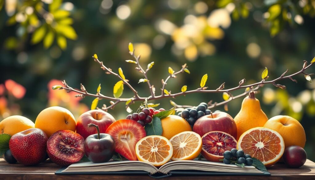 A beautifully arranged still life composition representing the Twelve Fruits of the Holy Spirit. In the foreground, showcase twelve radiant fruits, such as love, joy, peace, patience, kindness, goodness, faithfulness, gentleness, self-control, humility, generosity, and chastity, each depicted with vibrant colors and textures. In the middle ground, include delicate branches and leaves, symbolizing growth and connection. The background should be softly blurred to create a serene garden atmosphere with dappled sunlight filtering through the leaves, casting gentle shadows. Use a warm, inviting color palette to evoke a sense of spirituality and tranquility. The scene should be lit evenly to highlight the details of the fruits, with a subtle depth of field that draws the viewer’s attention to the intricacies of the arrangement.