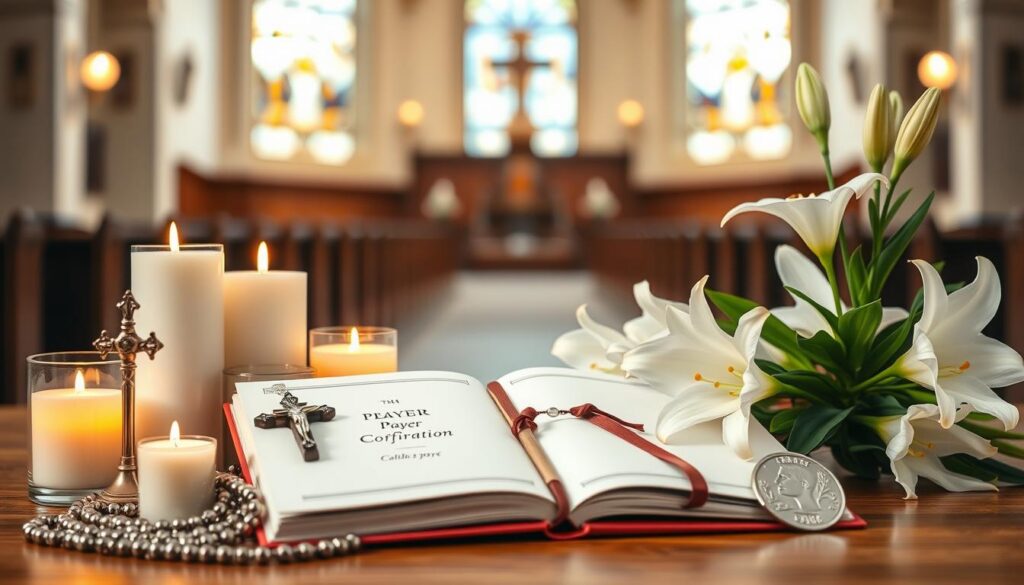 A beautifully arranged still life composition showcasing traditional and meaningful gifts for Catholic Confirmation. In the foreground, a selection of elegant gift items including a rosary, a decorative wooden cross, a personalized prayer journal, and a small silver medal. The middle ground features soft, inviting candles flickering gently, and a bouquet of white lilies symbolizing purity and faith. In the background, a serene church interior can be seen softly blurred, with stained glass windows letting in warm, filtered light. The overall atmosphere is peaceful and reverent, capturing the essence of celebration and spirituality. The lighting is soft and diffused, creating an uplifting mood. No human subjects are present, ensuring focus remains on the symbolic gifts. A beautifully arranged still life composition showcasing traditional and meaningful gifts for Catholic Confirmation. In the foreground, a selection of elegant gift items including a rosary, a decorative wooden cross, a personalized prayer journal, and a small silver medal. The middle ground features soft, inviting candles flickering gently, and a bouquet of white lilies symbolizing purity and faith. In the background, a serene church interior can be seen softly blurred, with stained glass windows letting in warm, filtered light. The overall atmosphere is peaceful and reverent, capturing the essence of celebration and spirituality. The lighting is soft and diffused, creating an uplifting mood. No human subjects are present, ensuring focus remains on the symbolic gifts.