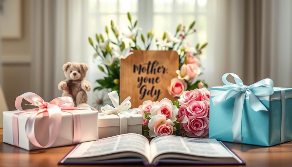 A beautifully arranged table showcasing a variety of Christian Mother's Day gifts. In the foreground, there are elegant gift boxes wrapped in soft pastel colors and adorned with ribbons. A plush teddy bear holding a small cross hangs nearby. In the middle, a decorative wooden plaque with a faith-inspired quote and a lovely flower arrangement featuring white lilies and pink roses create a warm, inviting atmosphere. In the background, a softly lit room with light streaming in through sheer curtains enhances the serene ambiance. The scene is captured in soft focus, evoking a feeling of tranquility, love, and appreciation. The overall composition conveys the significance of choosing thoughtful, faith-centered gifts for mothers on this special day. A beautifully arranged table showcasing a variety of Christian Mother's Day gifts. In the foreground, there are elegant gift boxes wrapped in soft pastel colors and adorned with ribbons. A plush teddy bear holding a small cross hangs nearby. In the middle, a decorative wooden plaque with a faith-inspired quote and a lovely flower arrangement featuring white lilies and pink roses create a warm, inviting atmosphere. In the background, a softly lit room with light streaming in through sheer curtains enhances the serene ambiance. The scene is captured in soft focus, evoking a feeling of tranquility, love, and appreciation. The overall composition conveys the significance of choosing thoughtful, faith-centered gifts for mothers on this special day.