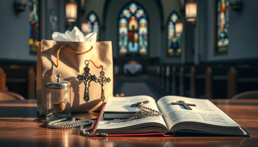 A beautifully arranged table showcasing thoughtful gifts for Catholic Confirmation, featuring a variety of items such as a personalized rosary, a decorative cross, a prayer journal, and a stylish, modest gift bag. In the foreground, soft lighting highlights the intricate details of the gifts, casting gentle shadows that evoke a sense of warmth and reverence. The middle ground includes a backdrop of a serene church interior, with stained glass windows filtering in colorful light, adding to the spiritual atmosphere. The overall mood is celebratory yet reflective, symbolizing the importance of this significant rite of passage. The scene is captured from a slight angle to provide depth, with a focus on elegance and devotion, ensuring the arrangement is visually appealing and cohesive. A beautifully arranged table showcasing thoughtful gifts for Catholic Confirmation, featuring a variety of items such as a personalized rosary, a decorative cross, a prayer journal, and a stylish, modest gift bag. In the foreground, soft lighting highlights the intricate details of the gifts, casting gentle shadows that evoke a sense of warmth and reverence. The middle ground includes a backdrop of a serene church interior, with stained glass windows filtering in colorful light, adding to the spiritual atmosphere. The overall mood is celebratory yet reflective, symbolizing the importance of this significant rite of passage. The scene is captured from a slight angle to provide depth, with a focus on elegance and devotion, ensuring the arrangement is visually appealing and cohesive.